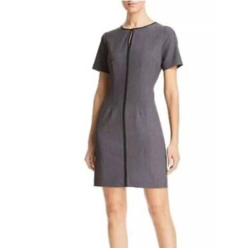 T Tahari Women's Charcoal Black Short Sleeve Sheath Dress Keyhole Size 12 New